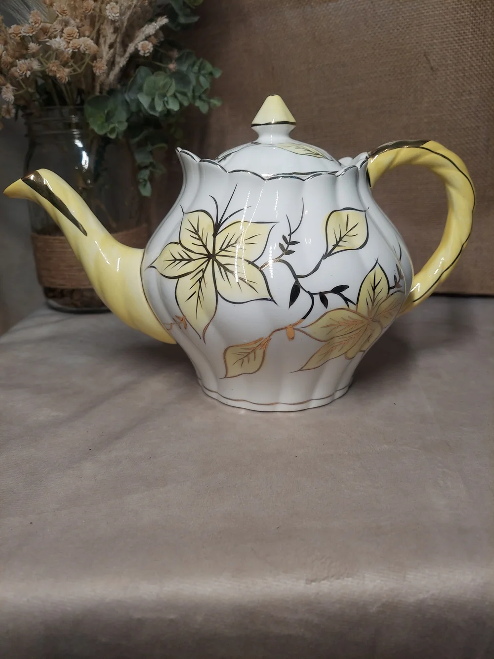Vintage Royal Sealy Japan Yellow Leaf & Gold Trim Fluted Ceramic Teapot with Lid